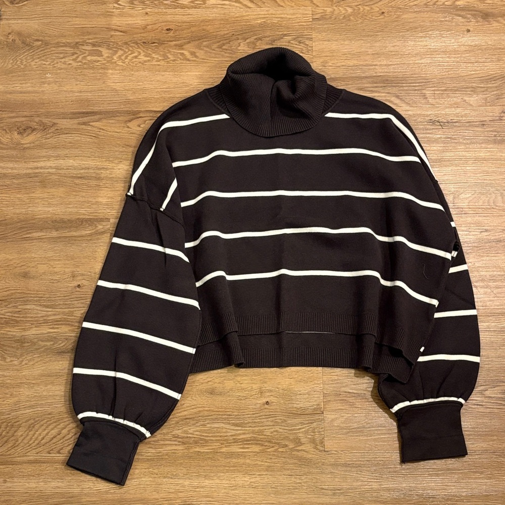 Free People Black and White Striped Turtleneck Sweater